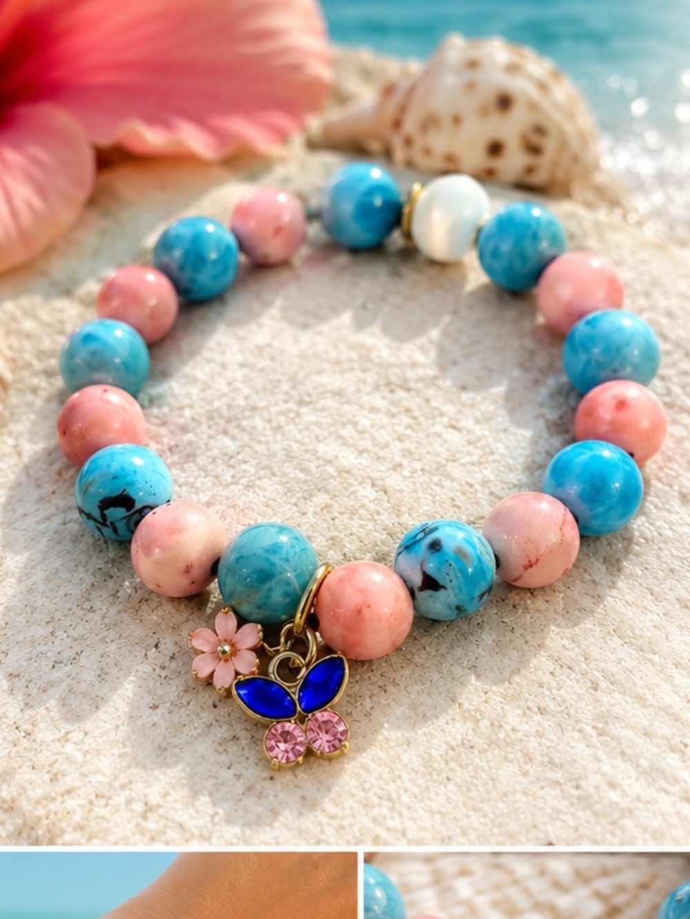 Coastal Butterfly Beaded Bracelet - Ocean Turquoise & Blush Pink